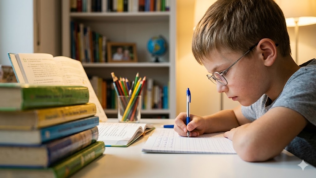 Child wearing myopia control glasses doing homework indoors — Stellest lenses myopia management Chandler AZ