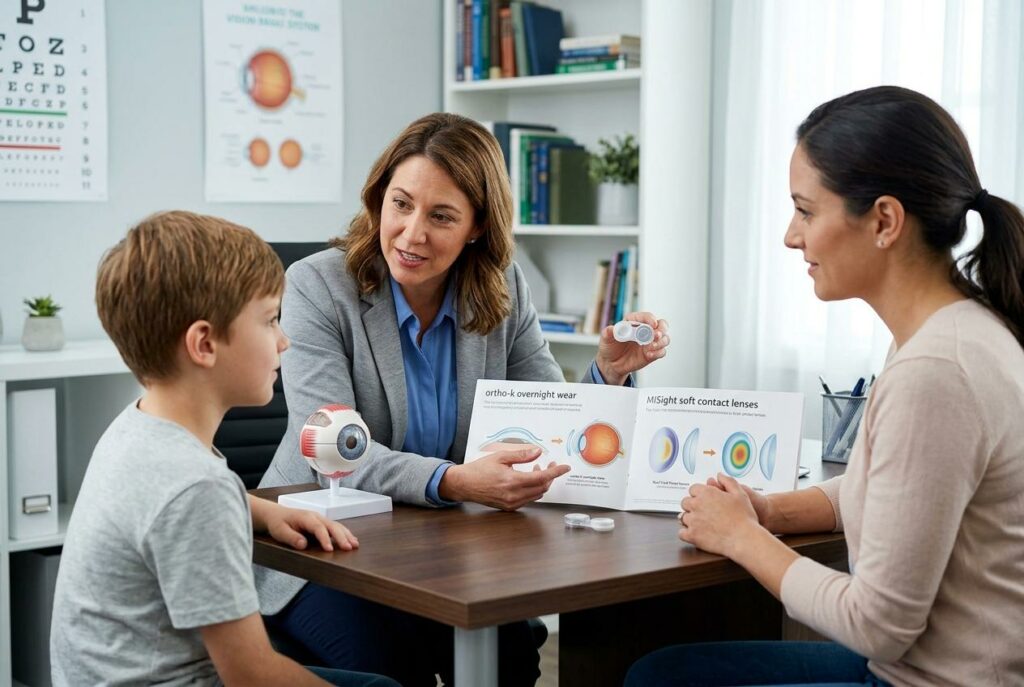 Optometrist holding a contact lens case shows a brochure about contact lenses to a boy and woman at a table in an eye clinic.