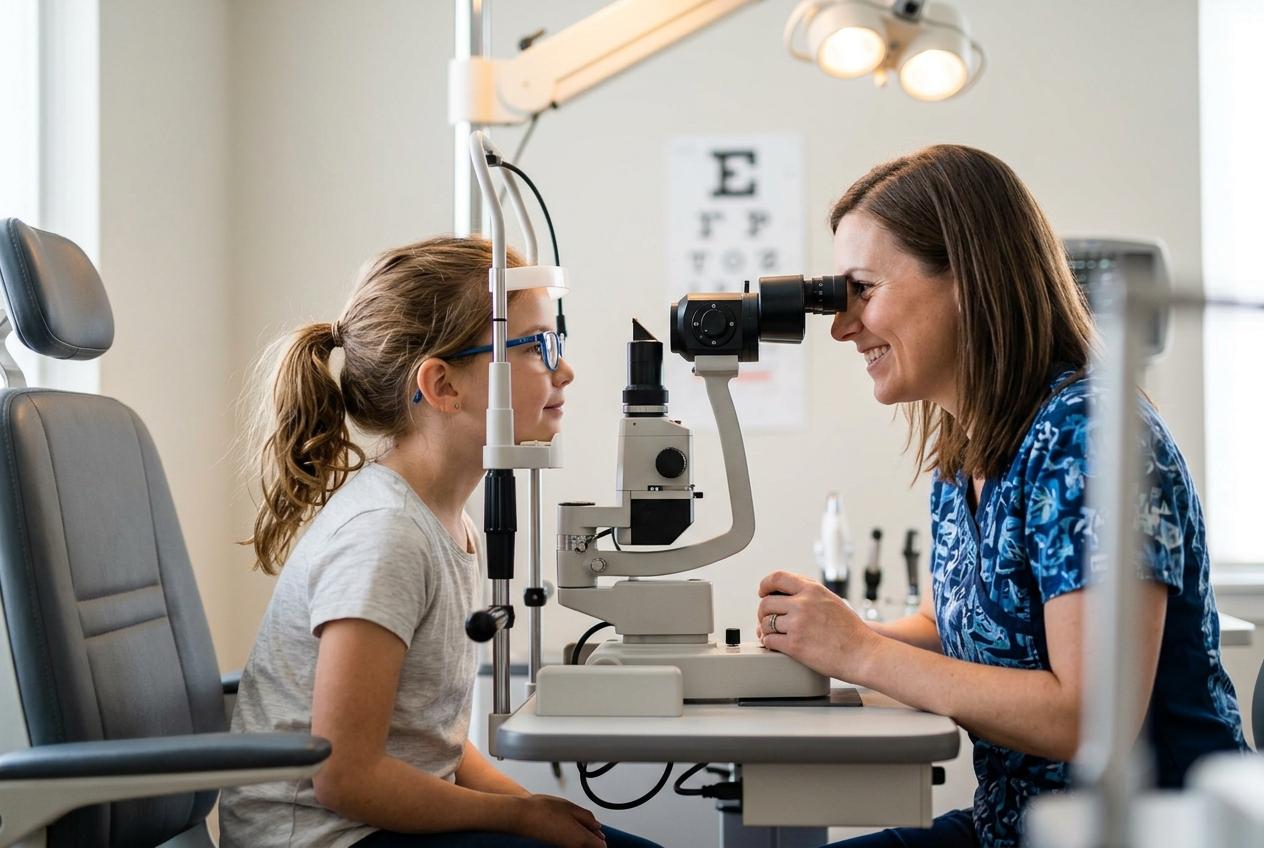 Optometrist smiling as she examines a young girl's eyes through a slit lamp in an exam room.