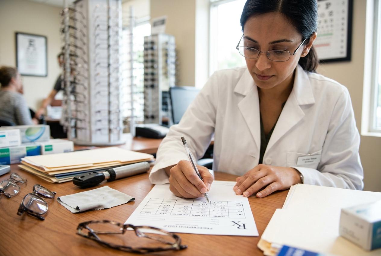 optometrist writing an eye glasses prescription
