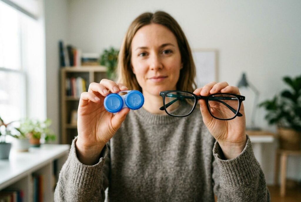 person holding up a contact lens case and a pair of glasses