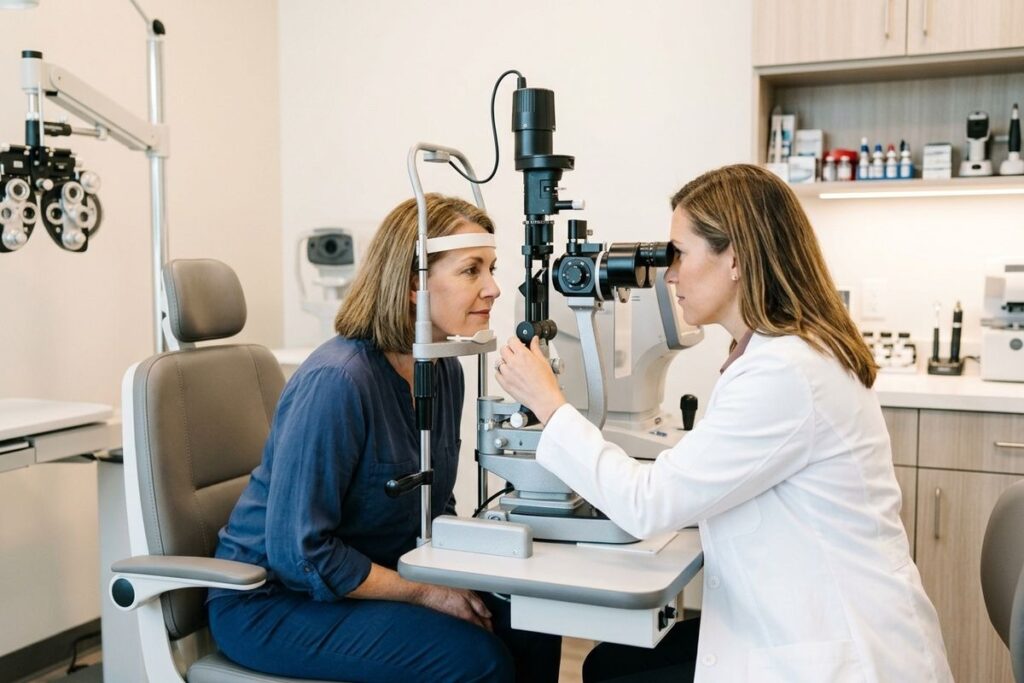 Optometrist examines a seated patient's eyes using a slit lamp in an exam room.
