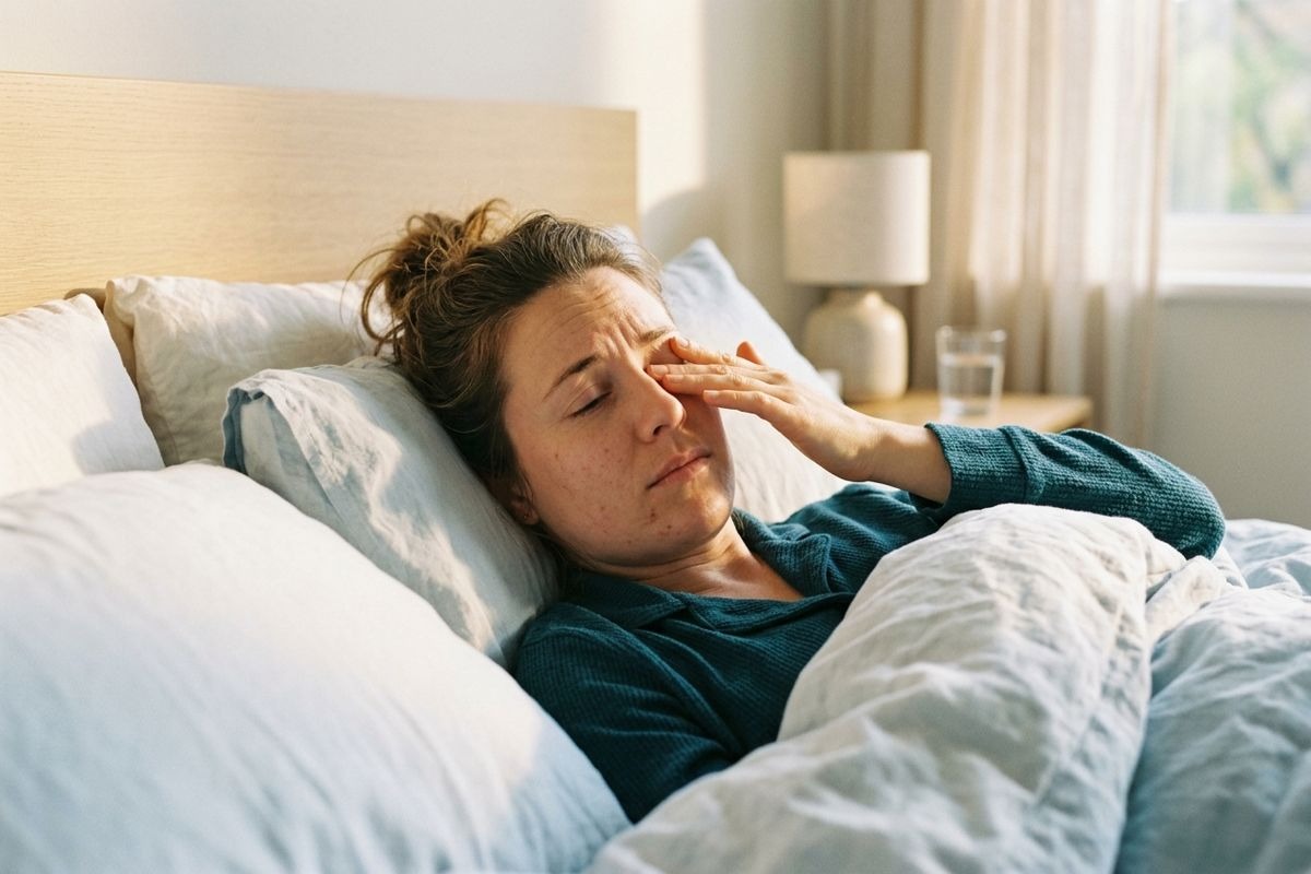 Person lying in bed with eyes closed, rubbing face, looking unwell; glass of water on nightstand nearby.